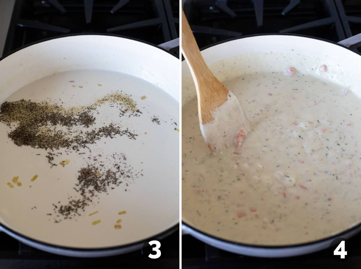 Adding liquid and seasonings to skillet and thickening sauce.