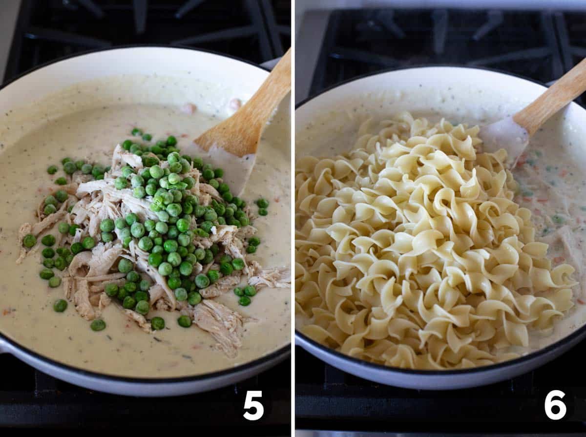 Adding chicken, peas, and pasta to chicken pot pie pasta.