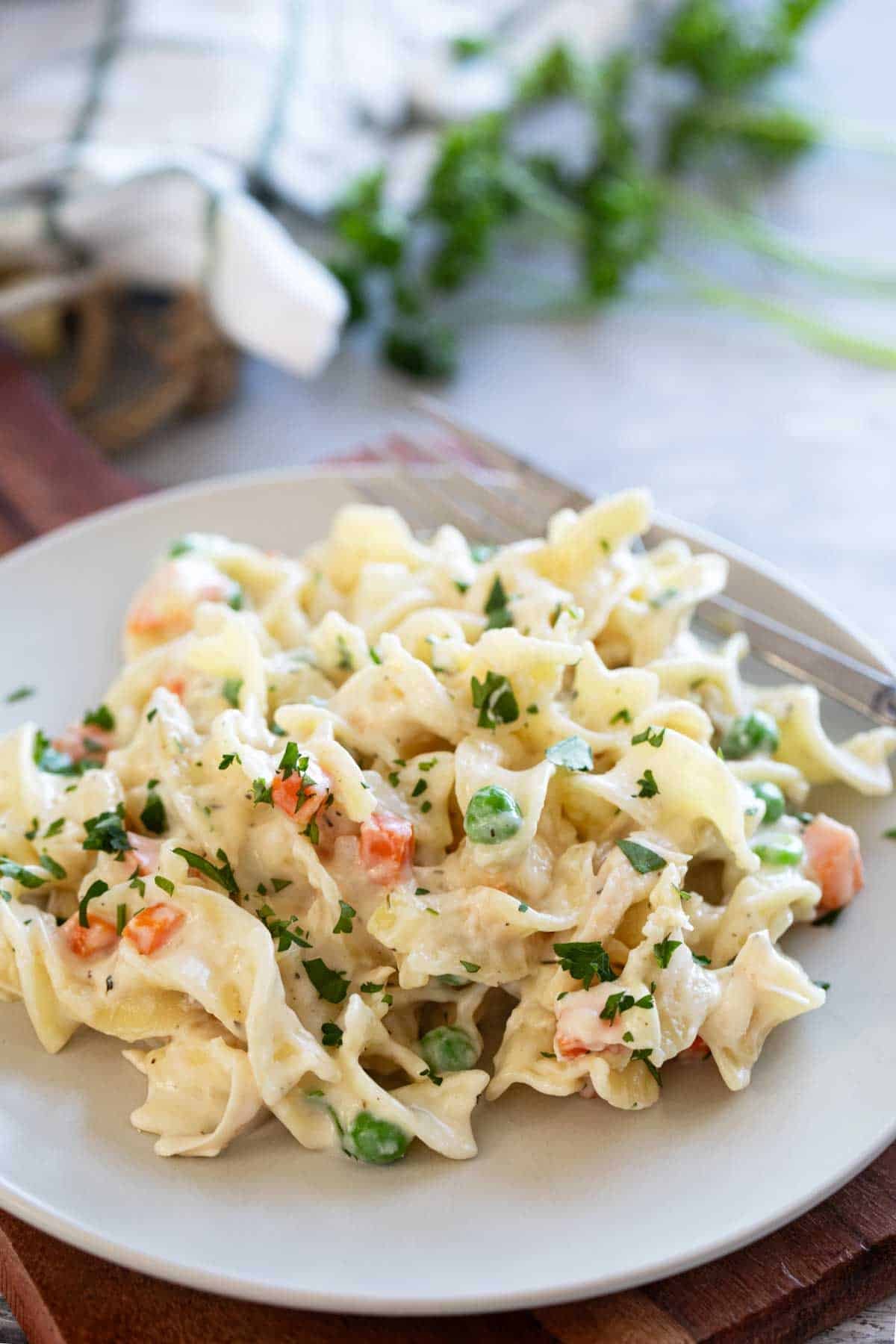 Serving of Chicken Pot Pie Pasta on a plate.