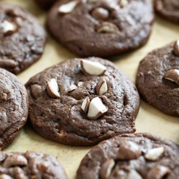 Chocolate Malted Milk Cookies topped with crushed Whoppers candy.