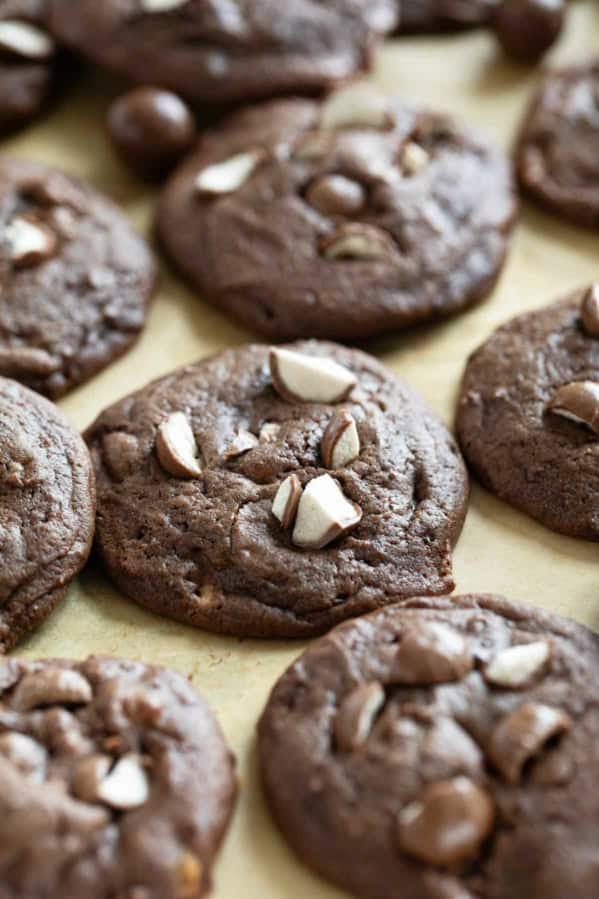 Chocolate Malted Milk Cookies topped with crushed Whoppers candy.