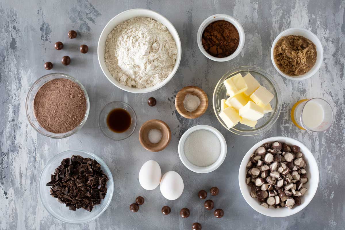 Ingredients to make Chocolate Malted Milk Cookies.