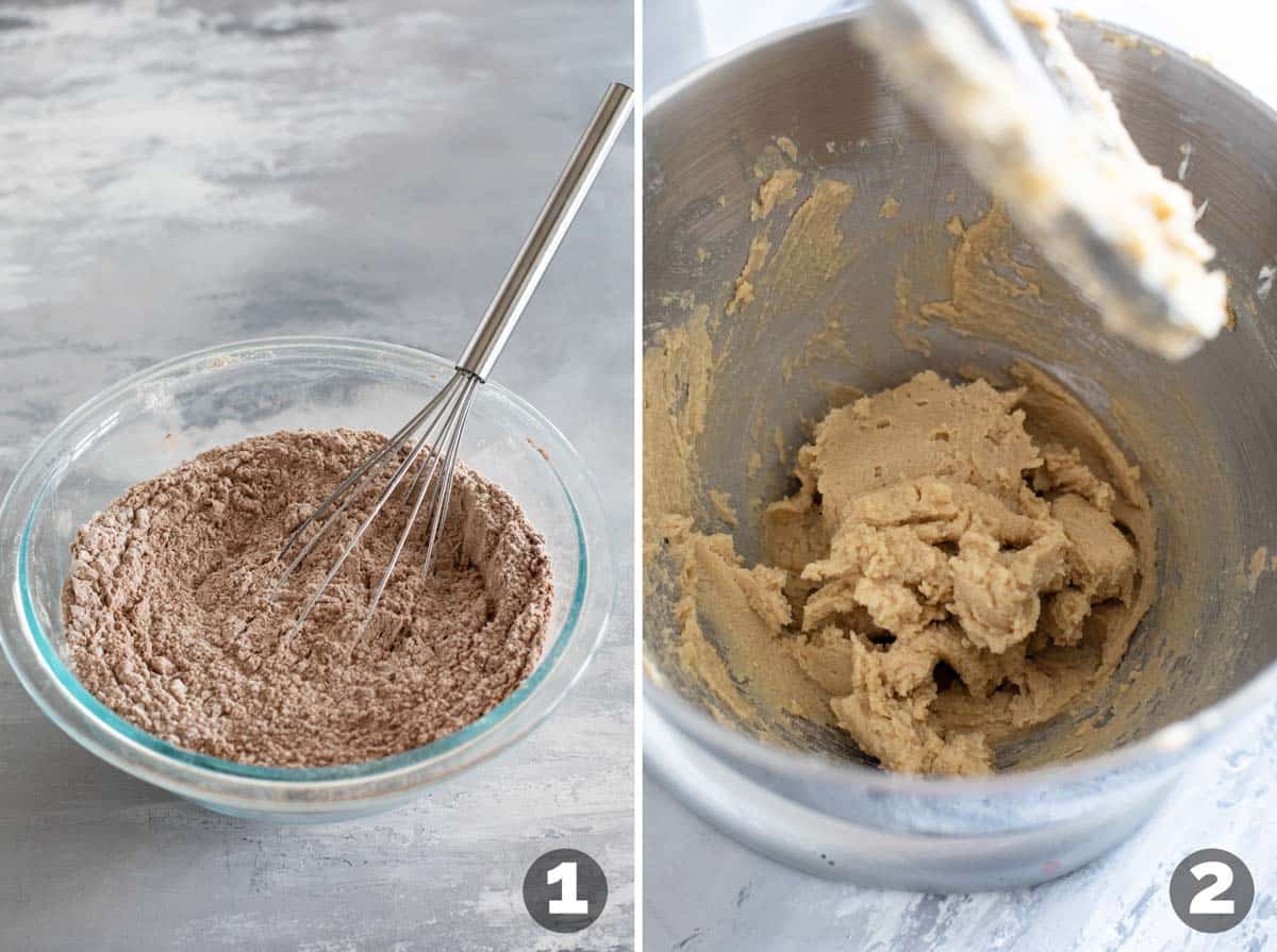 Mixing dry ingredients and wet ingredients for Chocolate Malted Milk Cookies.