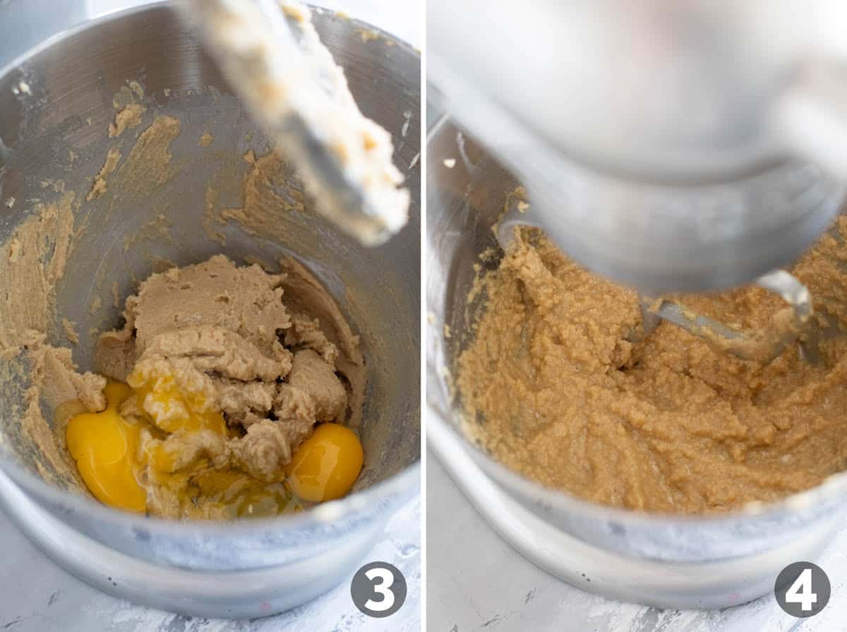 Mixing eggs into cookie dough.