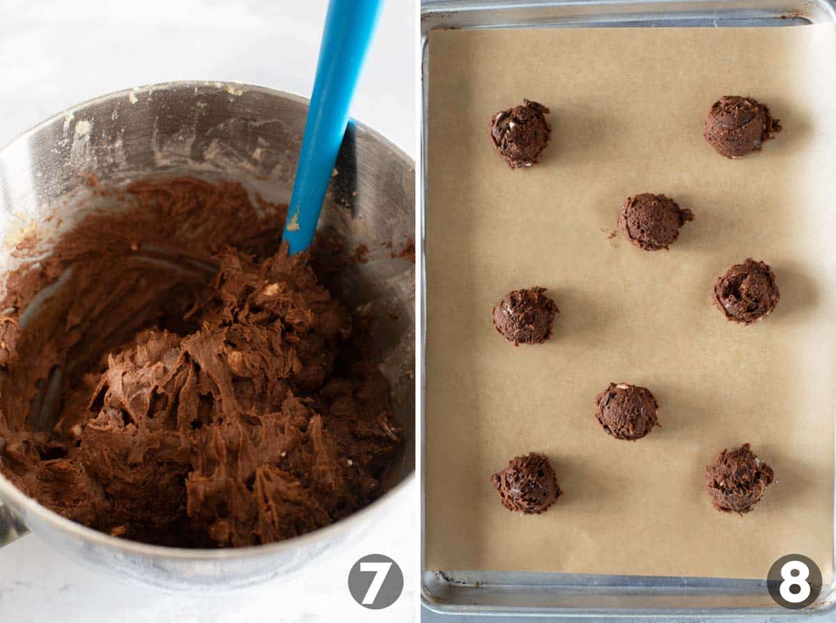 Chocolate Malted Milk Cookie Dough, and cookie dough balls on a baking sheet.