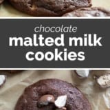 Chocolate Malted Milk Cookies collage with text bar in the middle.