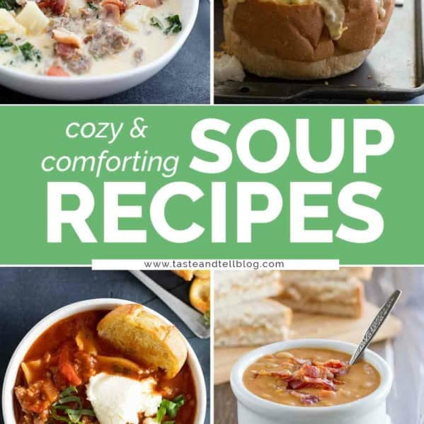Collage with four soup recipes.