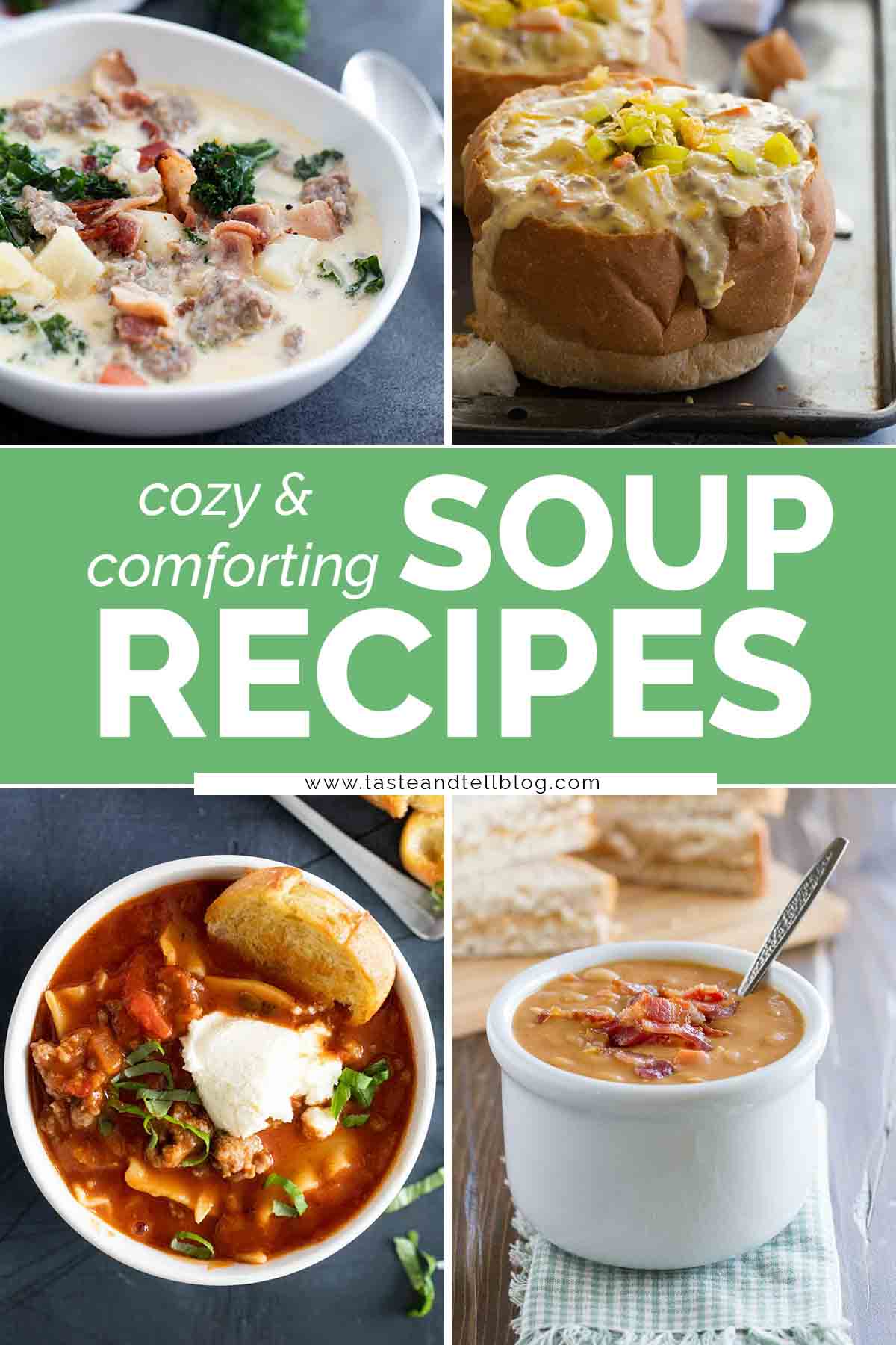 Collage with four soup recipes.