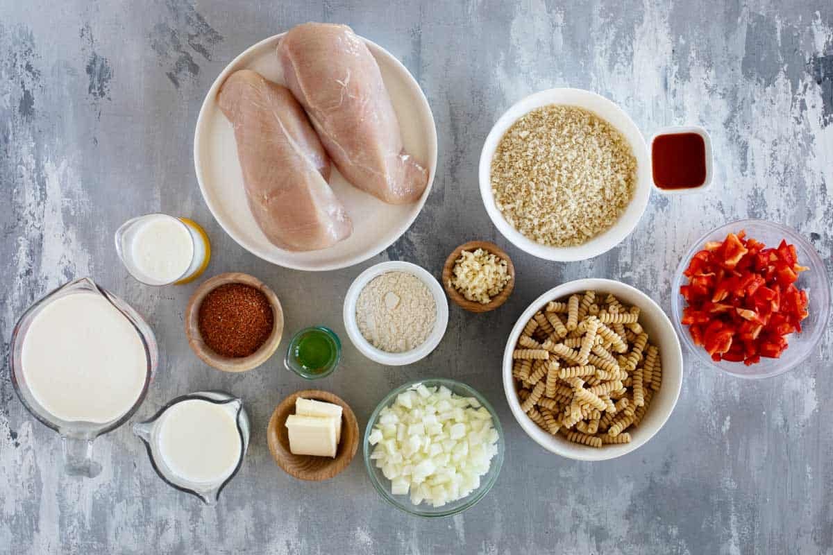 Ingredients for Crispy Cajun Chicken and Pasta.