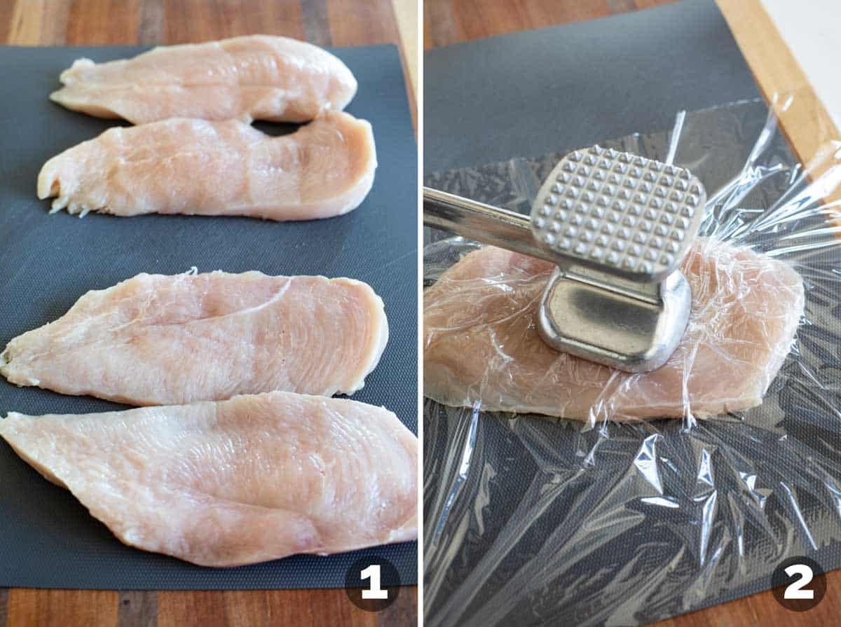 Slicing chicken breasts in half and pounding flat.