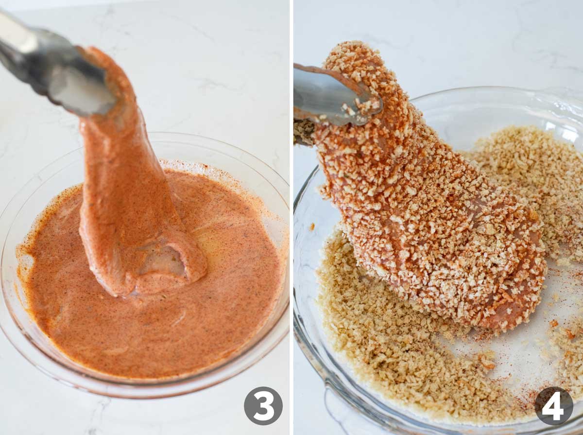 Dipping chicken in buttermilk mixture and then in breadcrumb mixture.