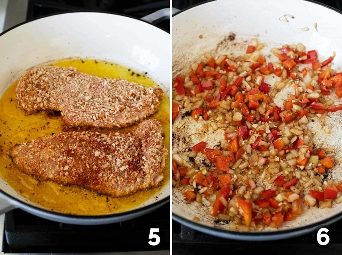 Pan frying breaded chicken, and sautéing onions and peppers.