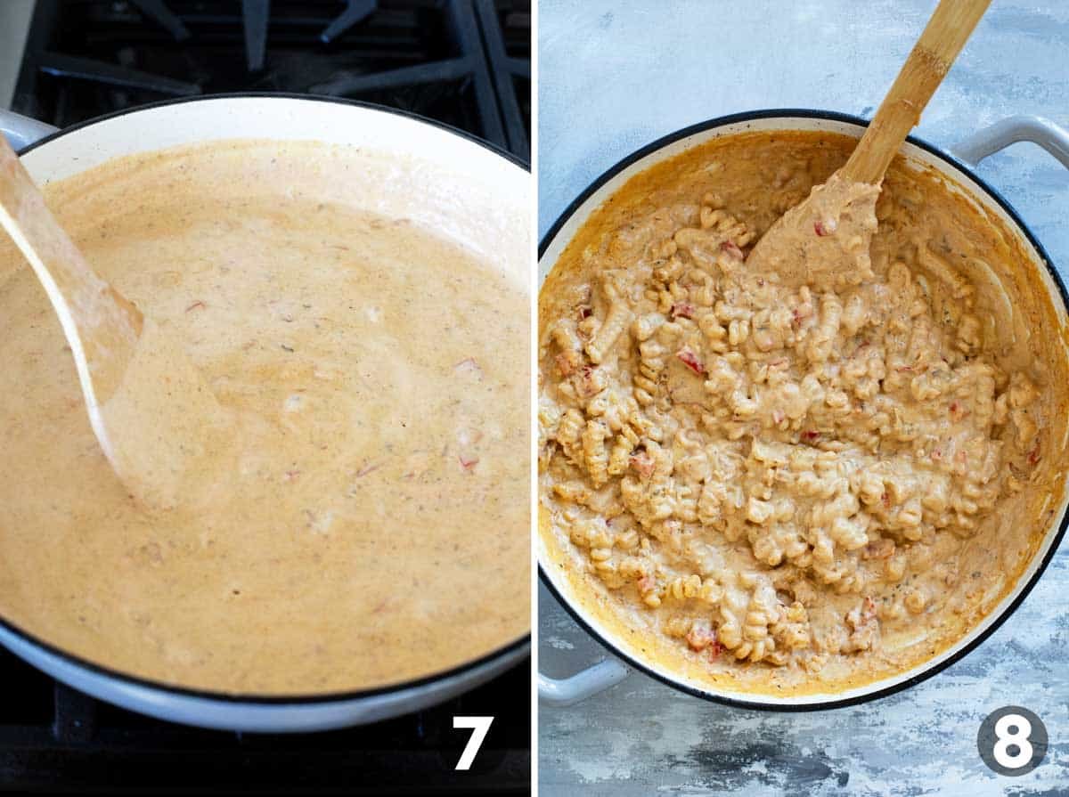 Making the cajun cream sauce and adding pasta.