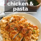 Crispy Cajun Chicken and Pasta with text overlay.