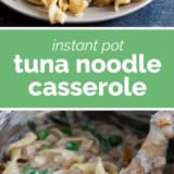 Instant Pot Tuna Noodle Casserole collage with text bar in the middle.