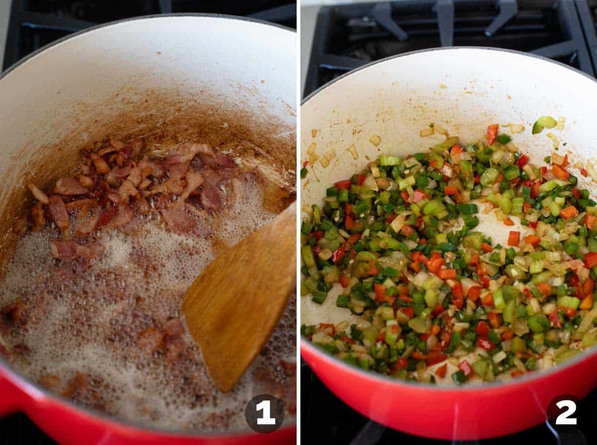 Cooking bacon, and sautéing vegetables in a Dutch oven.