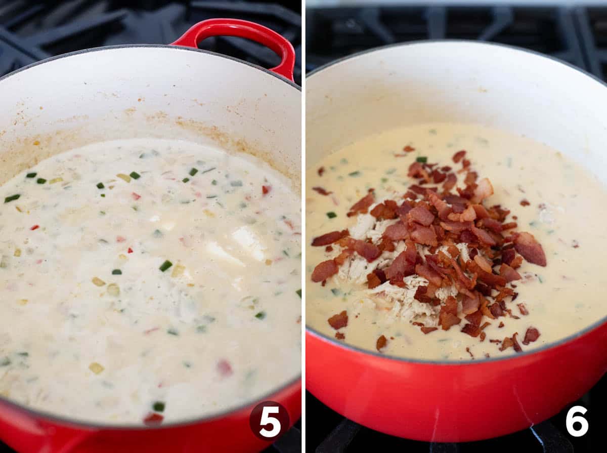 Adding cream cheese, chicken, and bacon to Jalapeno Popper Soup.