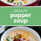 Jalapeno Popper Soup collage with text bar in the middle.