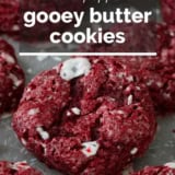 Red Velvet Peppermint Gooey Butter Cookies with text overlay.