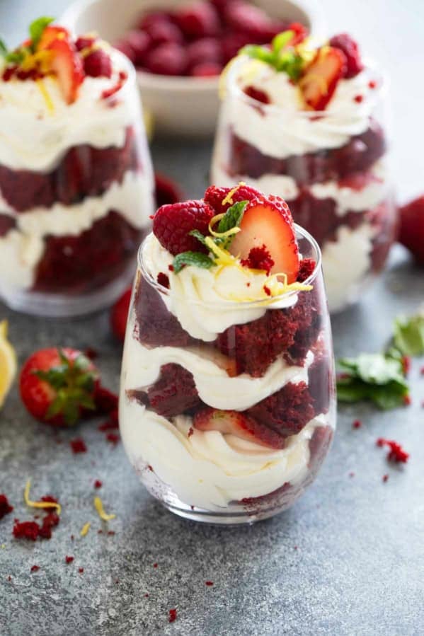 Red Velvet Trifle with layers of red velvet cake and cream cheese whipped cream.