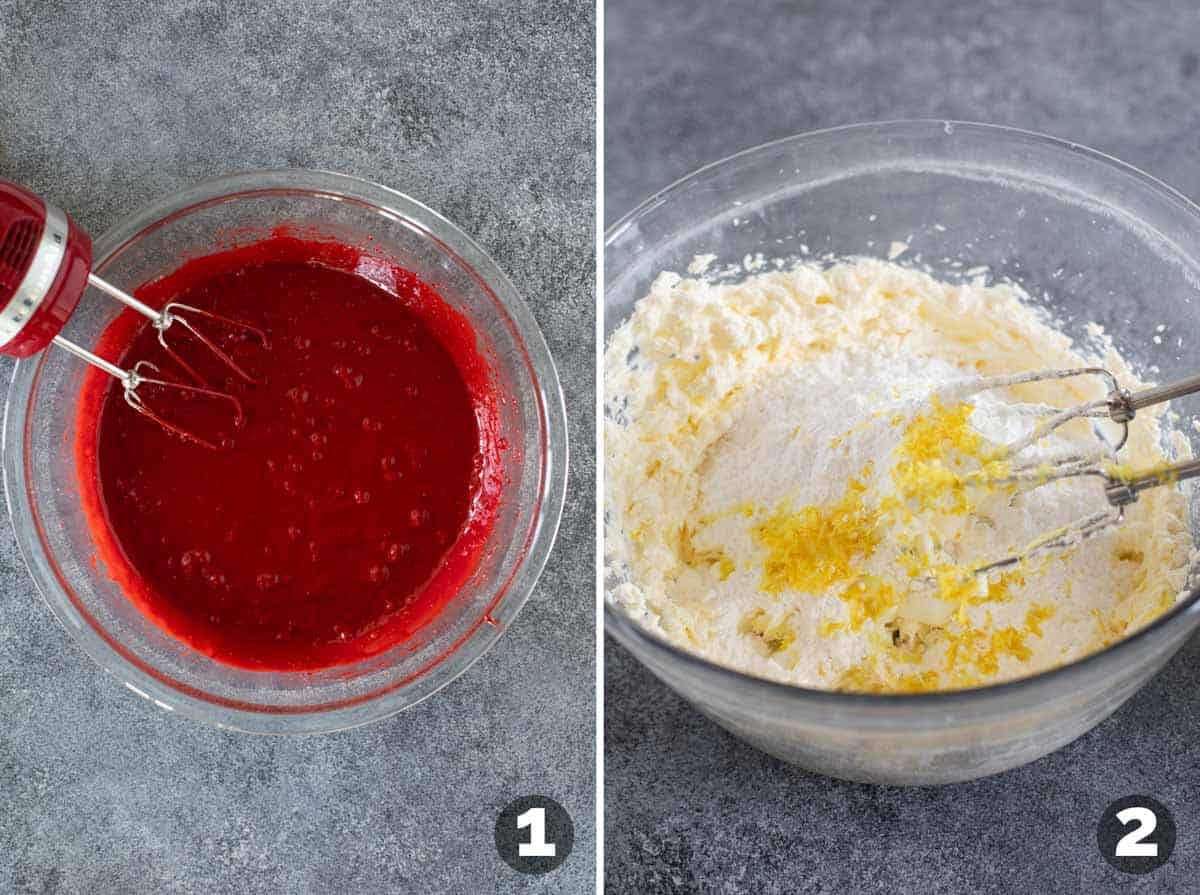 Mixing red velvet cake mix and starting cream cheese whipped cream.