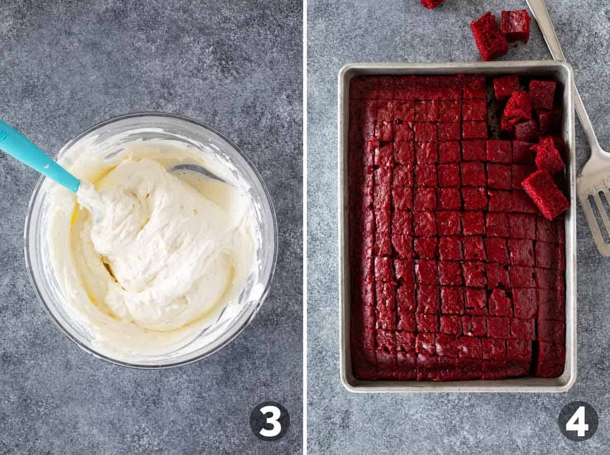 Mixing cream and cutting cake into cubes.