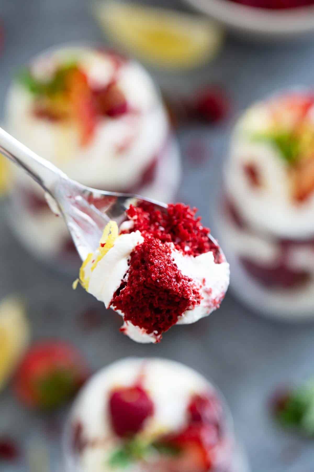 Bite of Red Velvet Trifle on a spoon.