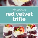 Red Velvet Trifle collage with text bar in the middle.