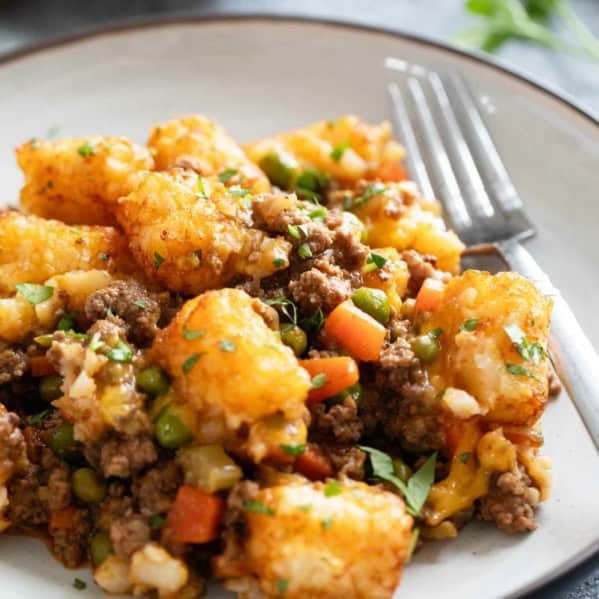 Plate with a serving of Shepherd's Pie Tater Tot Casserole.