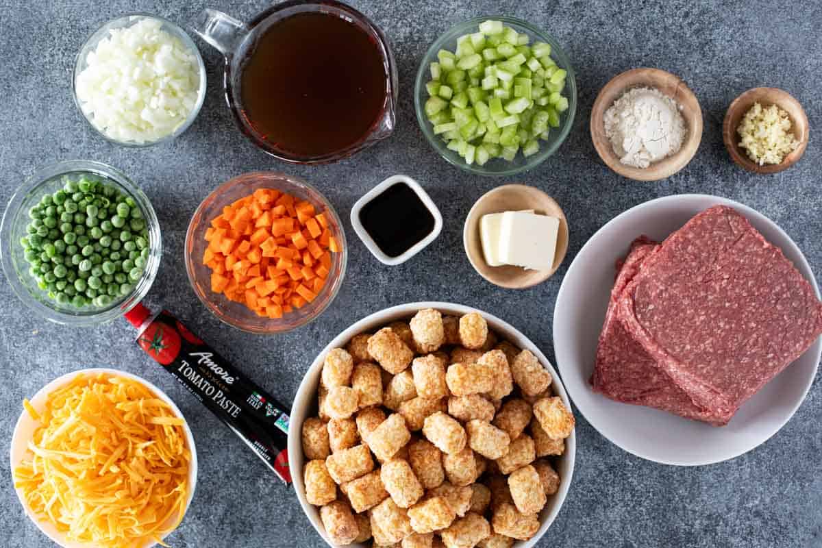 Ingredients for Shepherd's Pie Tater Tot Casserole.