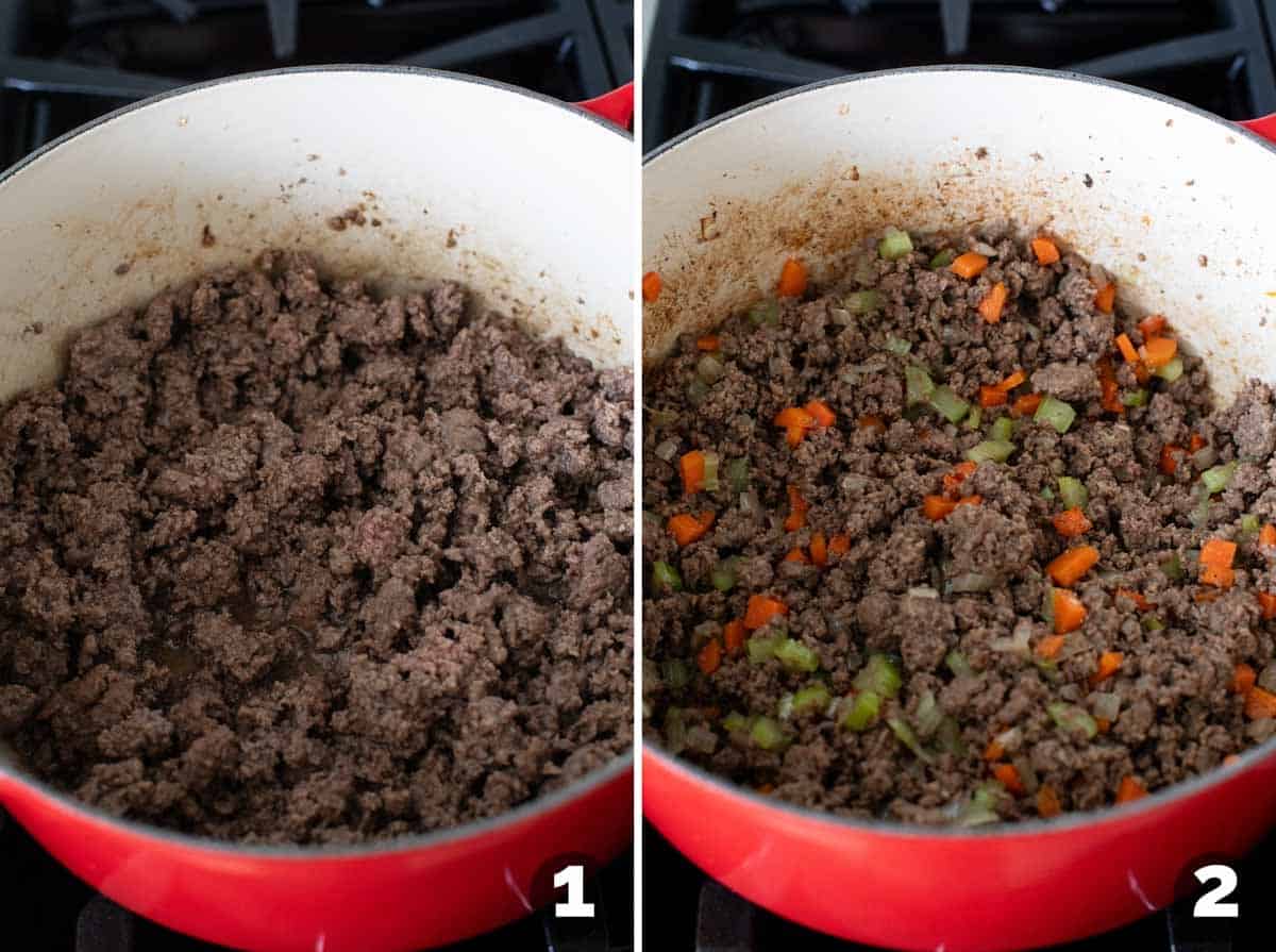 Browning ground beef and adding vegetables.