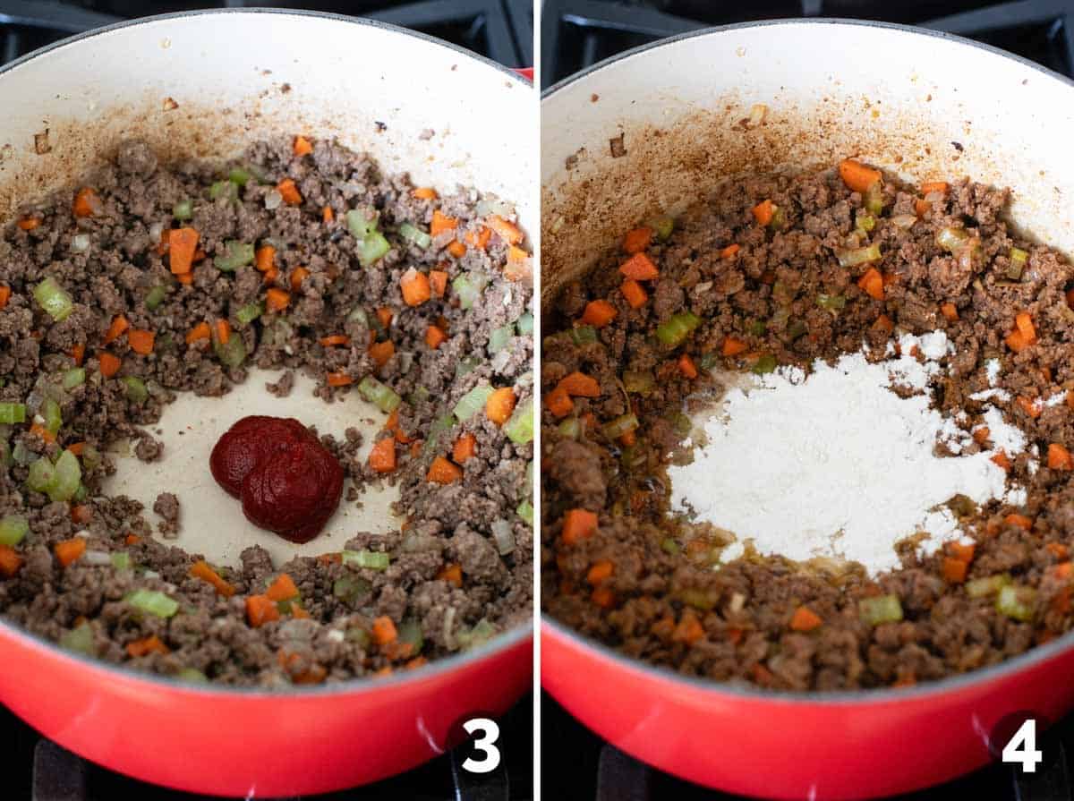 Adding tomato paste and flour to filling for Shepherd's Pie Tater Tot Casserole.