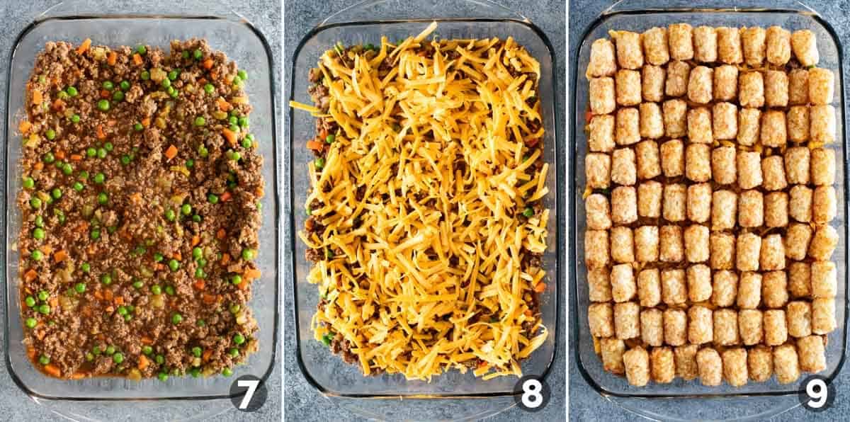 Layering ingredients for Shepherd's Pie Tater Tot Casserole.
