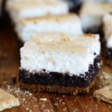 S'mores Brownies with graham cracker crust, gooey brownie center, and marshmallow creme.