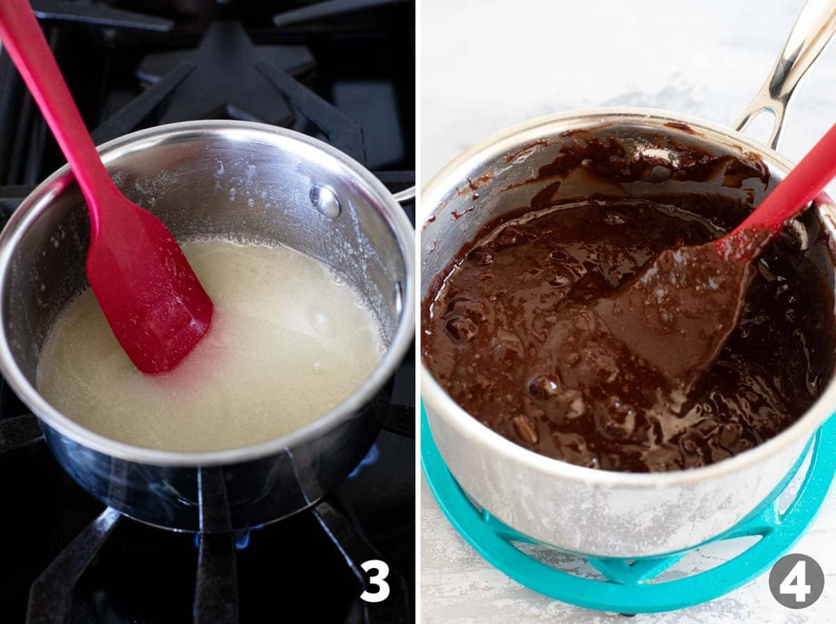 Melting butter and sugar and adding brownie ingredients to pan.