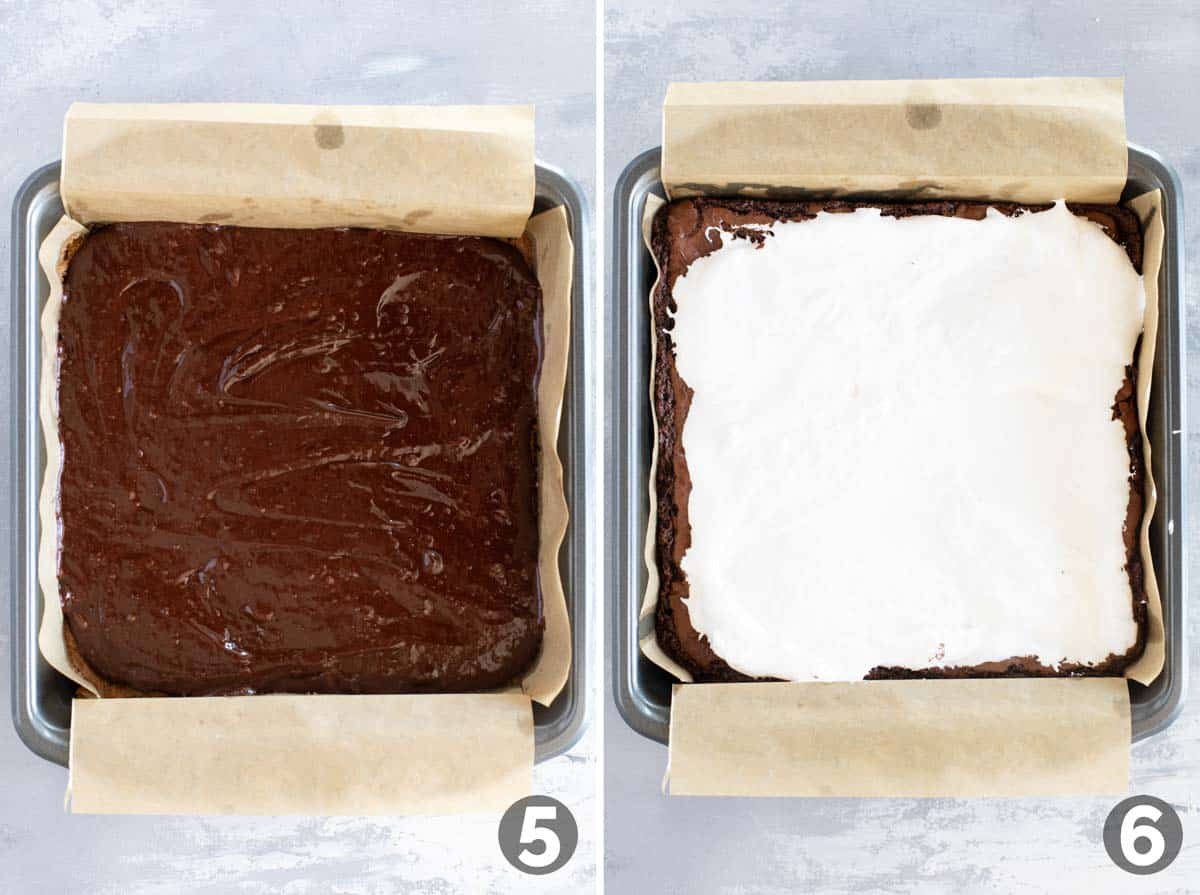Adding brownie batter on top of crust, then adding marshmallow layer.