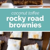 Coconut Toffee Rocky Road Brownies collage with text bar in the middle.