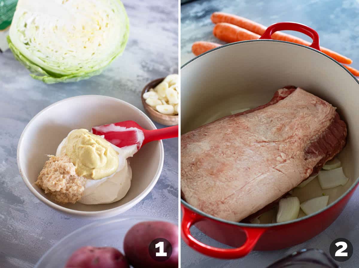 Adding ingredients for creamy horseradish mustard, and adding corned beef and onion to a pot.