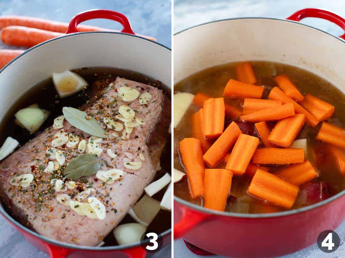 Adding garlic and spices to corned beef, and cooking potatoes and carrots.