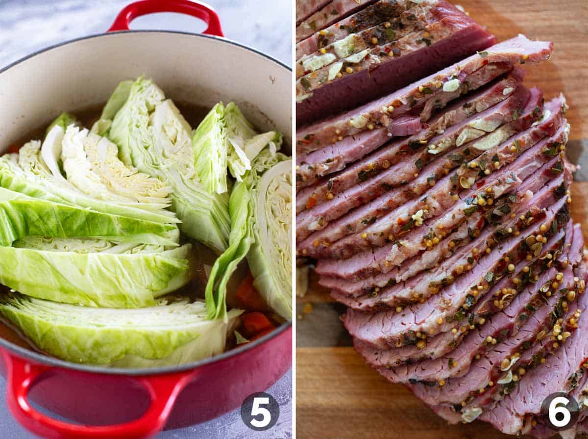 Adding cabbage to a pot, and sliced corned beef.