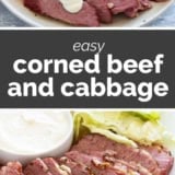 Corned Beef and Cabbage collage with text bar in the middle.