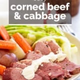 Corned Beef and Cabbage with text overlay.