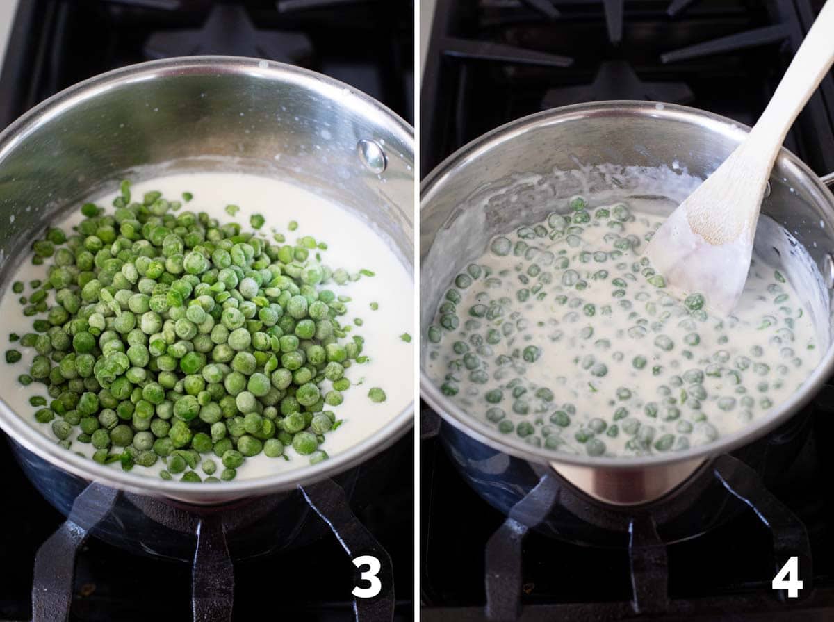 Adding frozen peas and cooking in a saucepan for creamed peas.