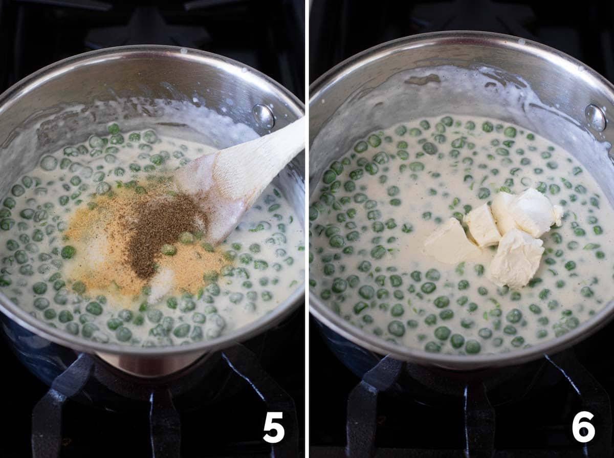 Adding spices and cream cheese for creamed peas.