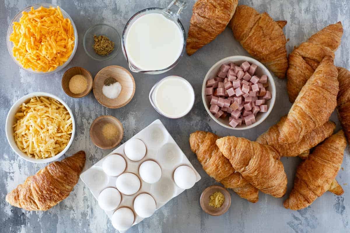Ingredients for Croissant Breakfast Casserole.