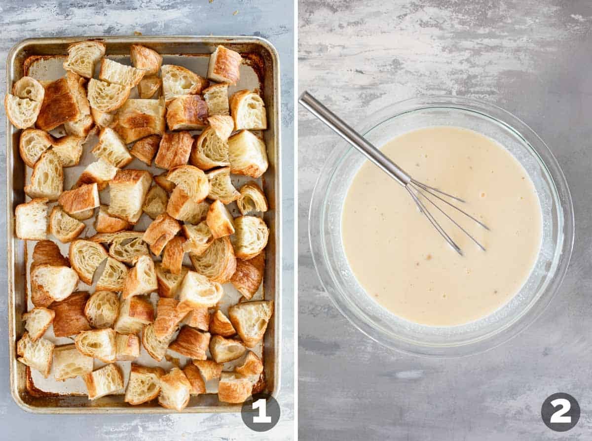 Toasting croissant pieces and making custard mixture.