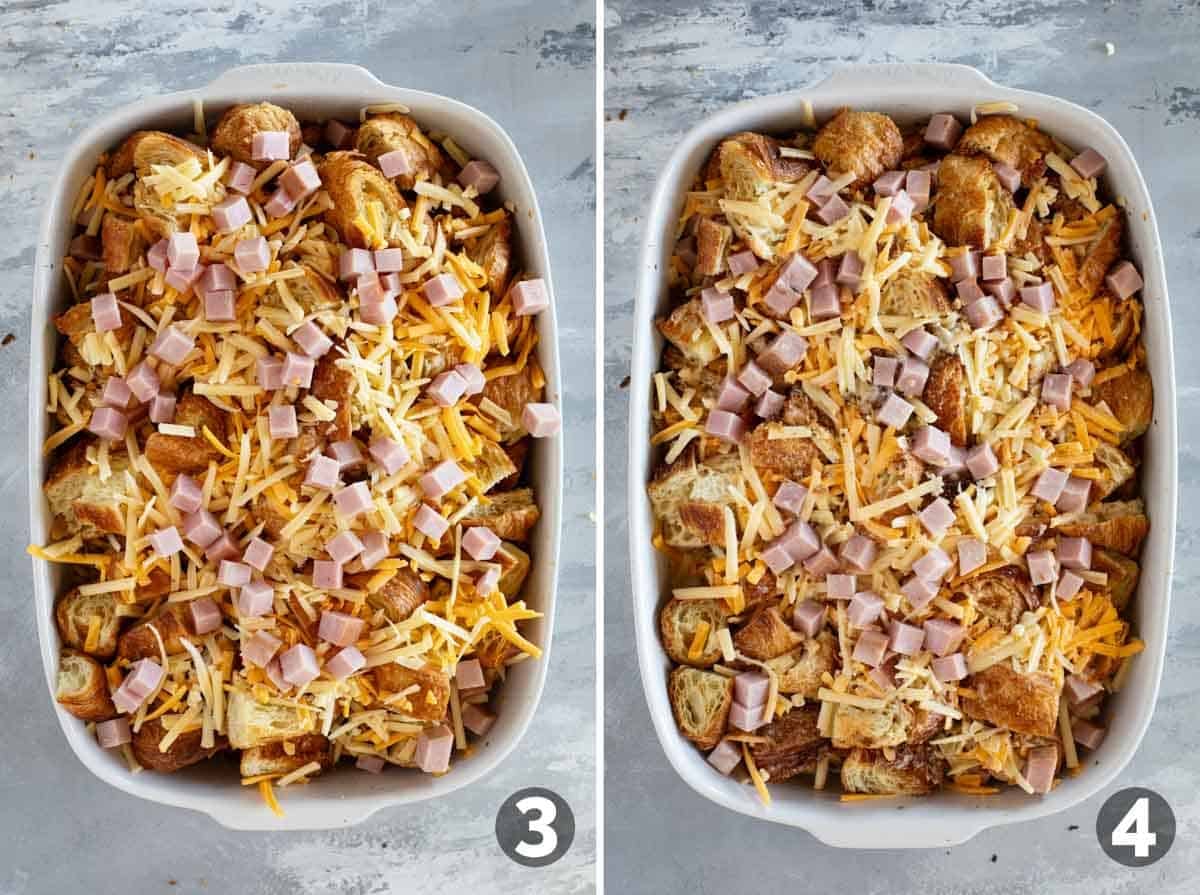 Assembling a croissant breakfast casserole and adding custard mixture to the top.