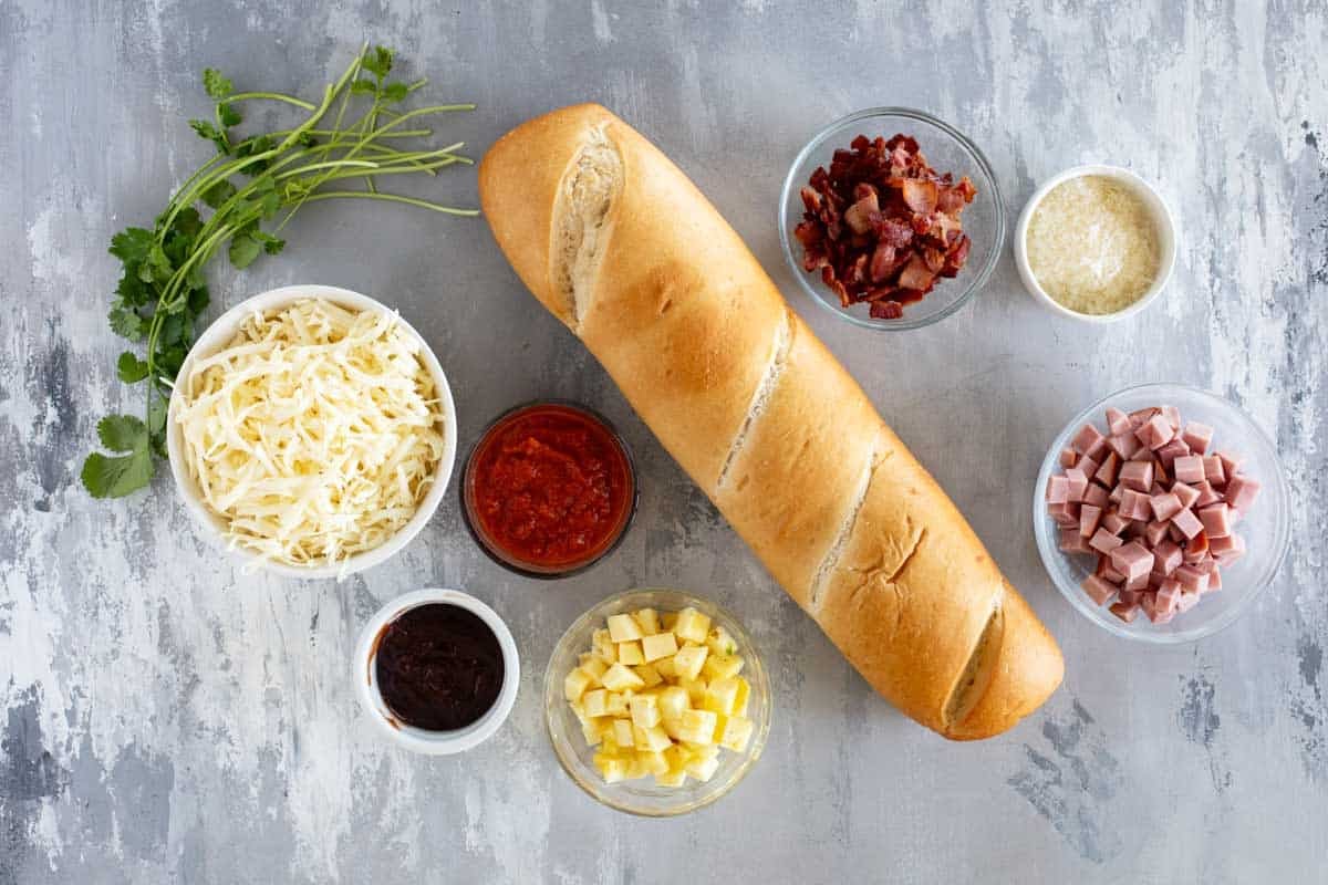 Ingredients for French Bread Hawaiian Pizza.