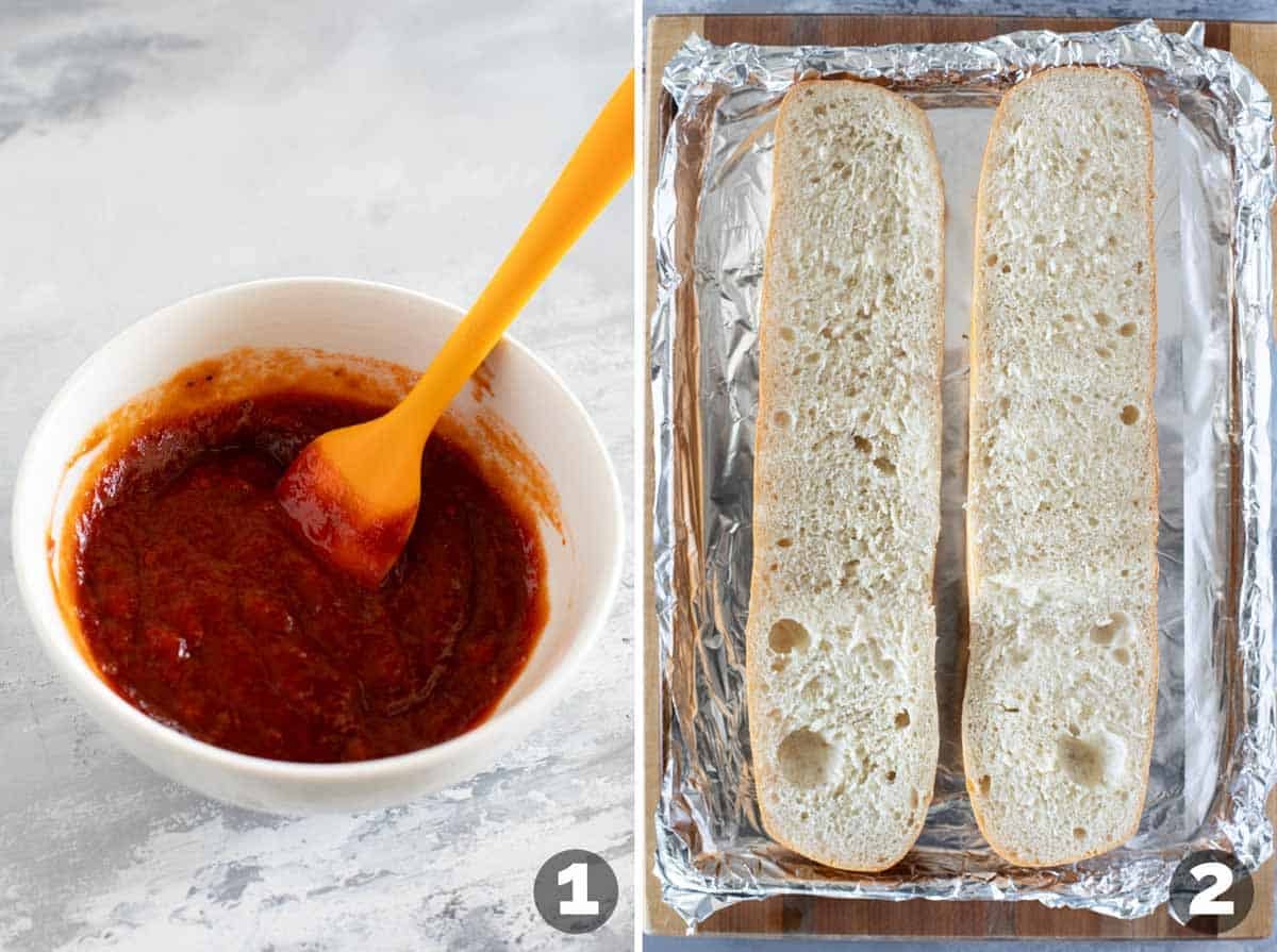 Mixing pizza sauce with bbq sauce and cutting French bread in half.