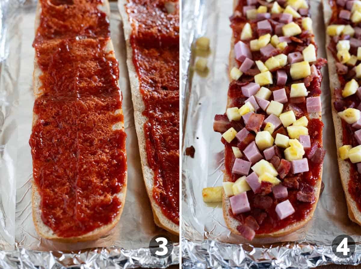 Adding sauce to French bread, then adding ham, bacon, and pineapple.